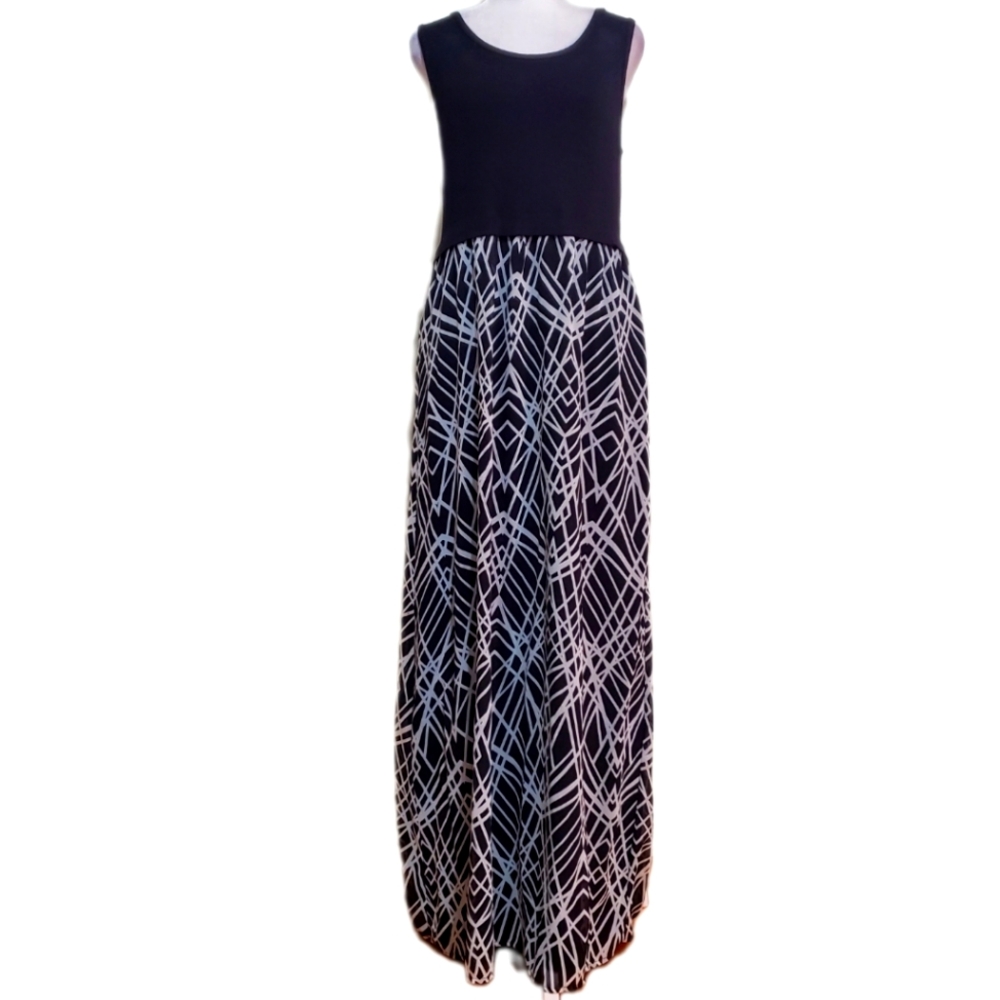 Calvin Klein black white tank top chiffon abstract maxi dress M
